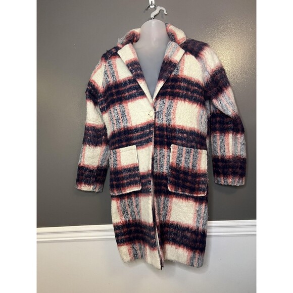 Glamorous Coat Womens Medium Pink Navy Cream Plaid Wool Blend Long Lined Boucle - Picture 2 of 10